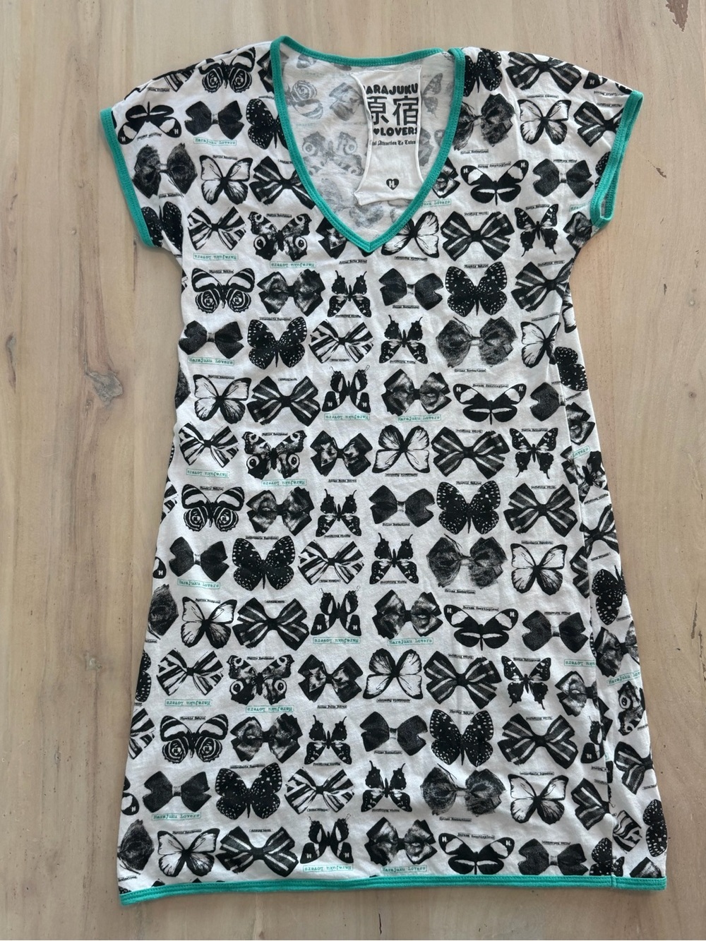 Harajuku Lovers White Tee Dress with Black Butterfly Print and Teal Trim